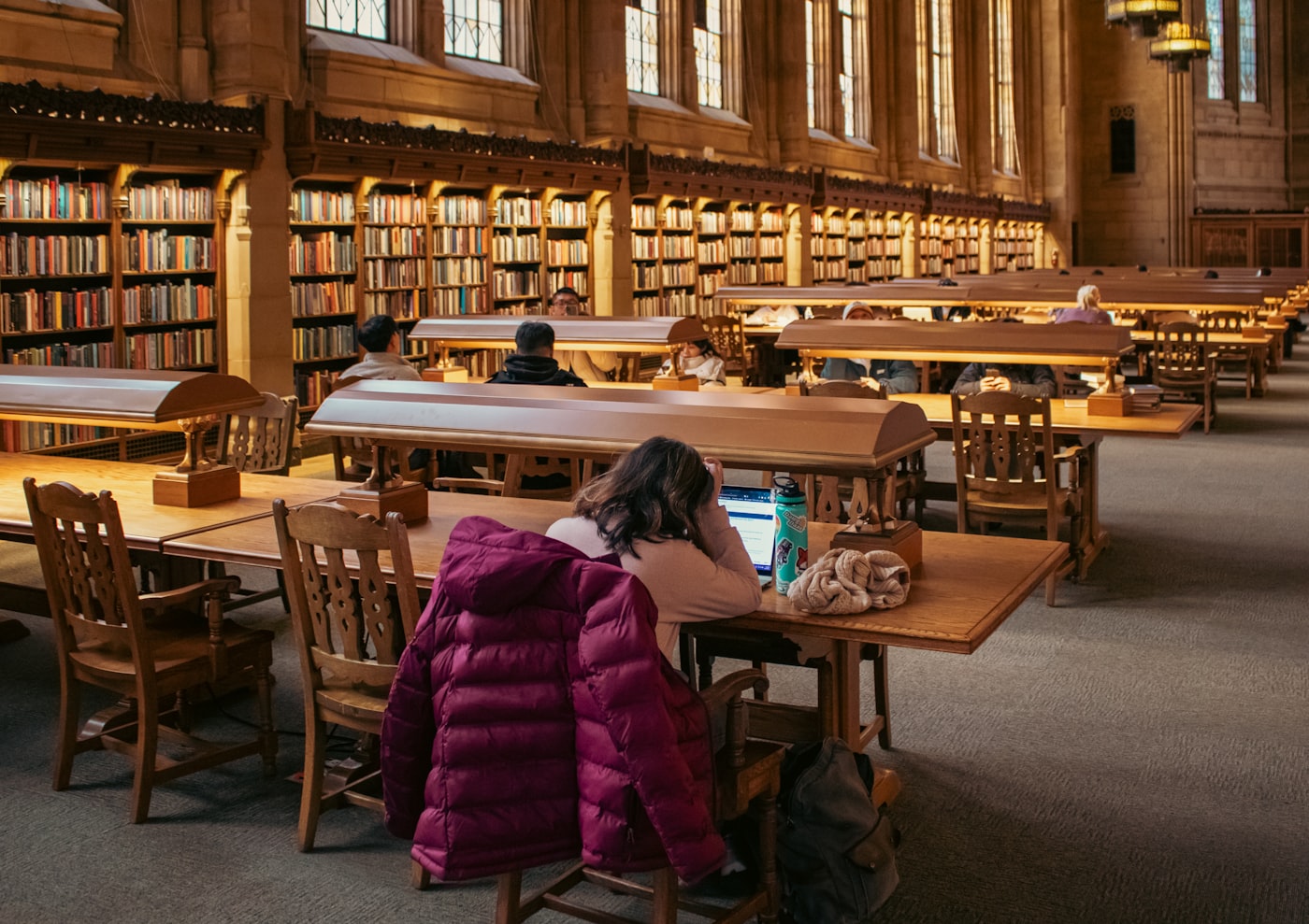 Studierende lernen in einer großen Bibliothek