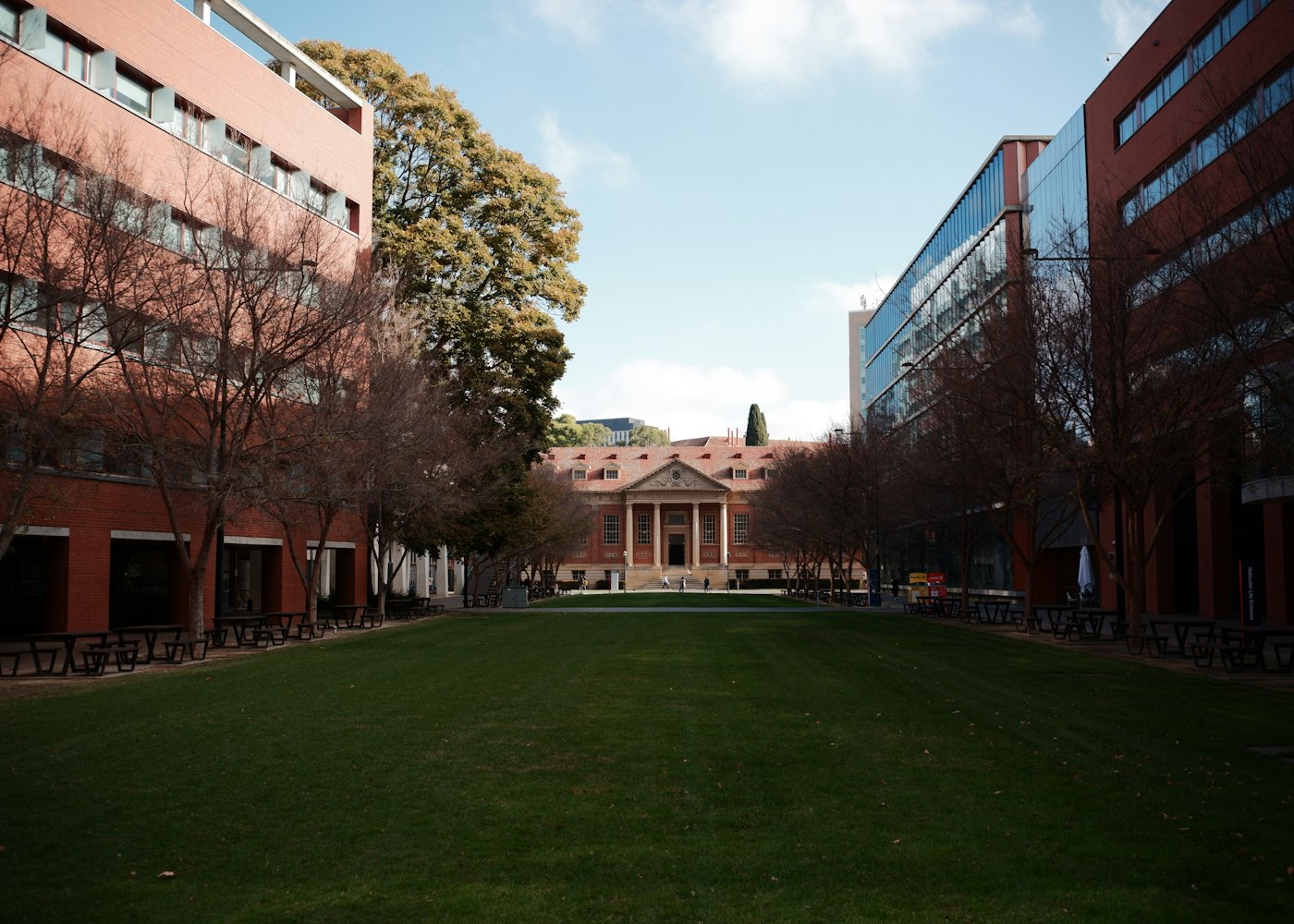 Innenhof eines Universitätsgebäudes mit Rasenfläche